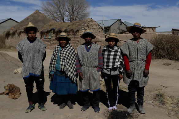 Members of the Choque family, from left, Jose, Evarista Flores, Rufino, Abelina and Abdon, in the Urus del Lago Poopo indigenous community, in Punaca.