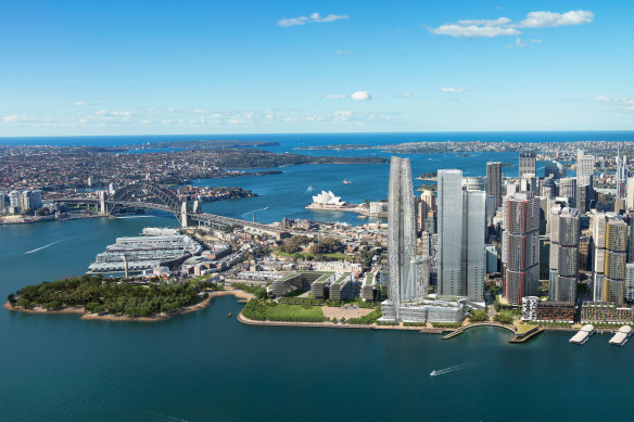 Early plans for Crown’s $2 billion casino tower, showing Central Barangaroo as a mid-rise precinct. 
