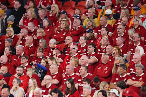 Lions fans in the stands at Suncorp Stadium. 