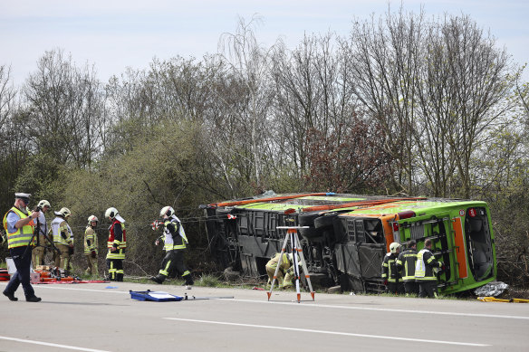 The coach came to rest on its side on the A9, near Schkeuditz, Germany.