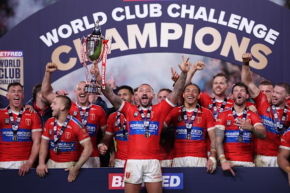 Hull KR celebrate their World Club Challenge upset victory over Brisbane.