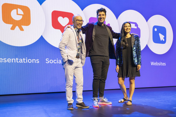Canva co-founders Cameron Adams, Cliff Obrecht and Melanie Perkins at a company event last year.