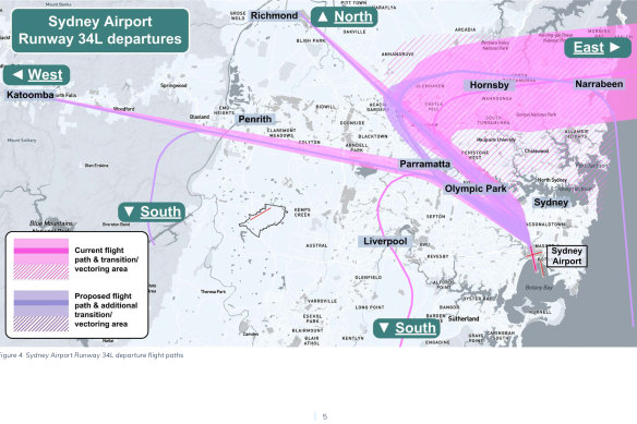 Flight paths from Syndey Airport’s main north-south runway.