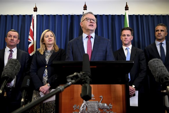 Prime Minister Anthony Albanese with state premiers after Friday’s national cabinet meeting in Brisbane.