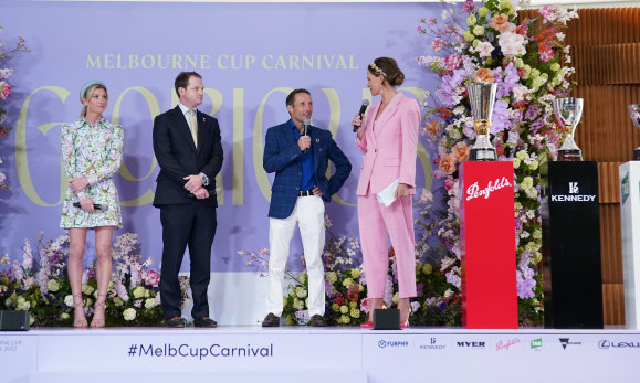 James Ferguson (second from left) joined jockeys Jamie Kah and Damien Oliver at Monday’s Melbourne Cup Carnival launch.