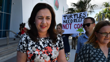 Anti-coal protesters dogged Premier Annastacia Palaszczuk in Cairns on Wednesday.