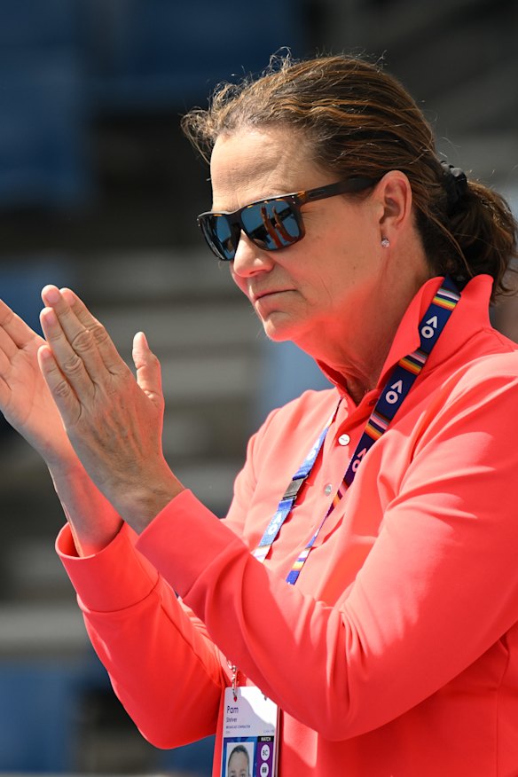 Pam Shriver gives encouragement to Croatian player Donna Vekic, who she is coaching at Melbourne Park.