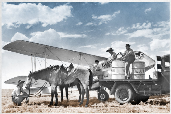 Refuelling a Flying Doctor plane in the 1950s.