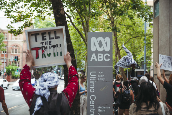 Protests at the ABC’s Ultimo office on Thursday.
