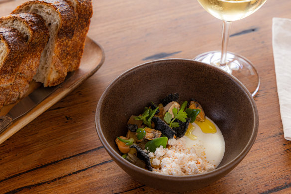 Mussels with macadamia “tofu” and fish-eye crackers.