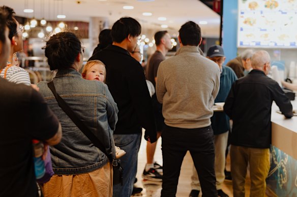 The lunchtime queue for East West Gourmet in the Mandarin Centre.