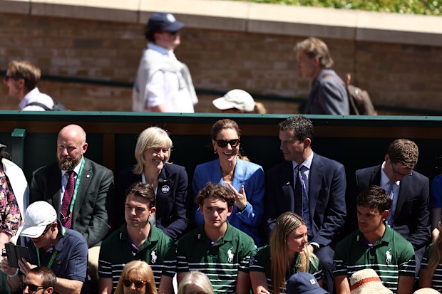 Catherine, Princess of Wales attends the Gentlemen's Singles second round match between Arthur Fery of Great Britain and Otto Virtanen of Finland with Deborah Jevans, Chair of AELTC, and Tim Henman on day four of The Championships Wimbledon 2026 at All England Lawn Tennis and Croquet Club on July 02, 2026 in London, England. 