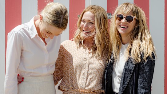 Actor Bella Heathcote (from left), author Sally Hepworth and actor Teresa Palmer on the set of The Family Next Door.