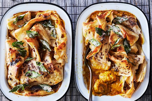 Malaysian-style pumpkin and chicken curry pie with roti.