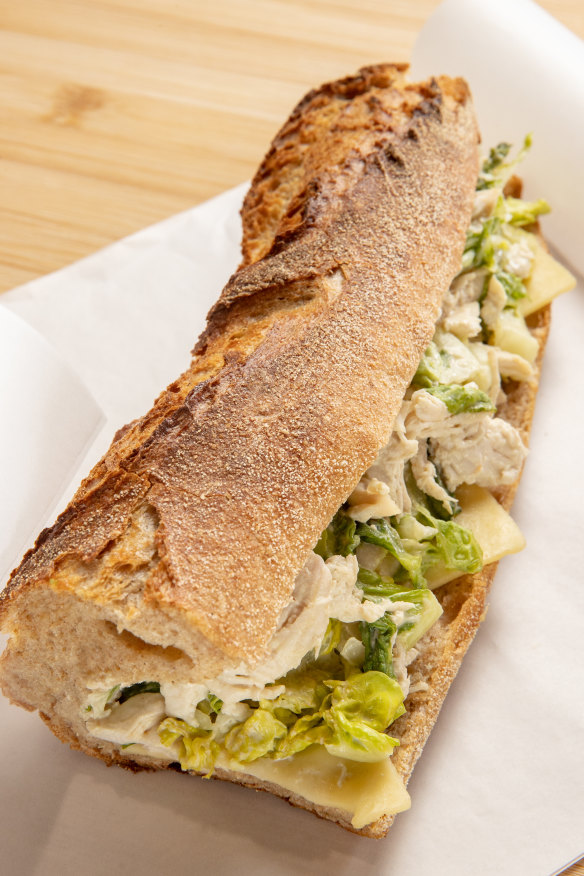The savoury sandwich changes daily, perhaps chicken with honey-mustard dressing.