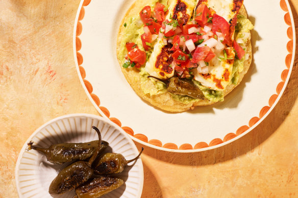 Vegetarian tostadas topped with haloumi and blistered jalapenos (bottom left).