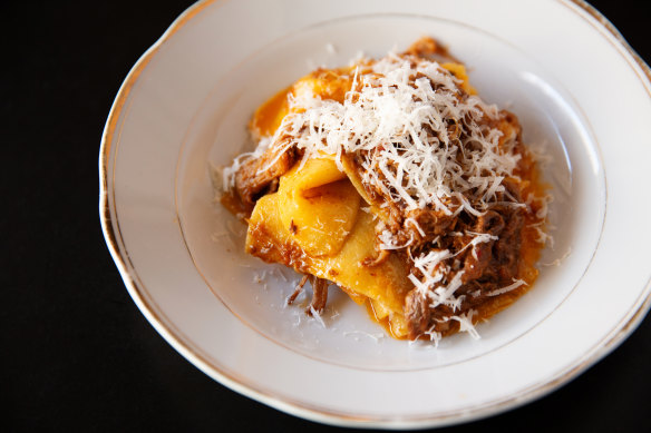 Braised goat ragu with handkerchiefs of fazzoletti pasta. 