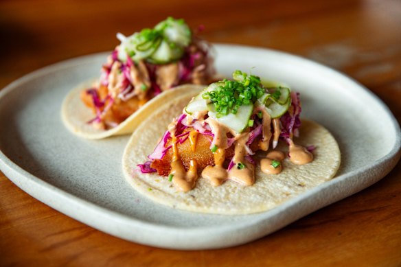 Baja-style fish tacos made with house tortillas.
