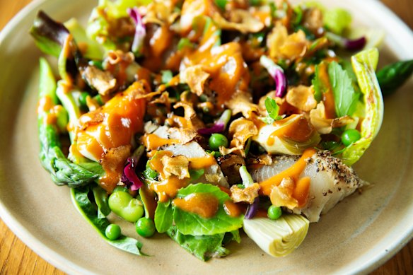 Assiette of garden vegetables with macadamia cream.