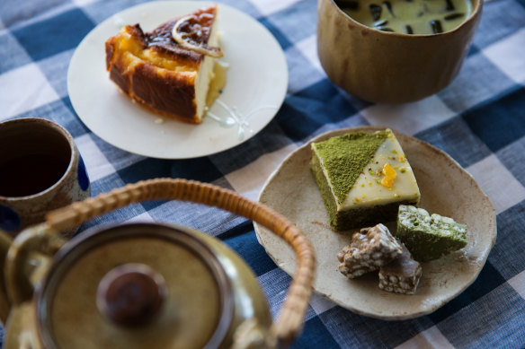 Matcha brownie and yuzu Basque cheesecake.