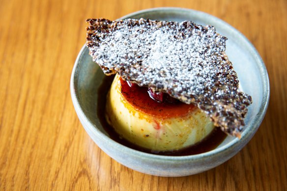 Crème caramel with linseed tuile.