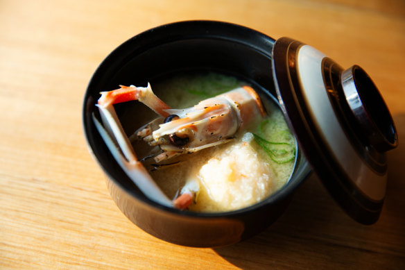 Scampi miso soup with a meatball of the crustacean’s flesh.