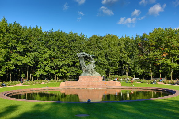 A monument to Chopin in the Lazienki Park at autumn, Warsaw, Poland.