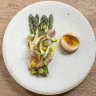 Asparagus prepared three ways is served with comte custard.