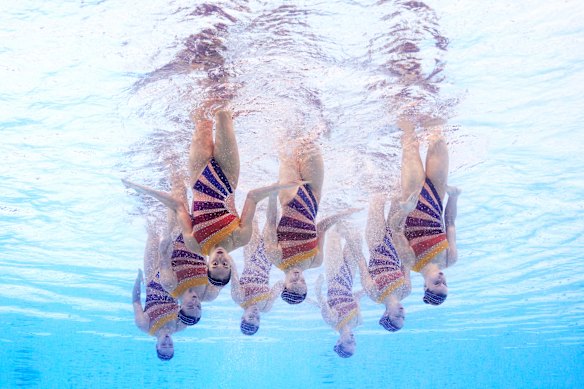 Members of Spain compete in the Team Technical Routine 