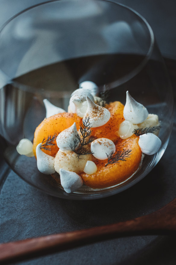 White chocolate and coffee cream, mandarin, yuzu, meringue.