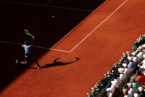 Matteo Berrettini of Italy hits a forehand during his Men's Singles fourth round match against Juan Manuel Cerundolo of Argentina on Day Nine of the 2026 French Open at Roland Garros in Paris, France.