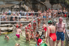 Revellers flock to Bronte pool for a Christmas Day bash.