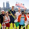 Australian star Cameron Green poses with English and Indian supporters during the 2025-26 Cricket Australia schedule announcement.