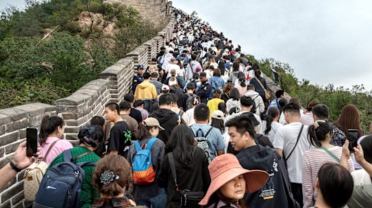 Crowds at a section of the Great Wall of China during Golden Week.