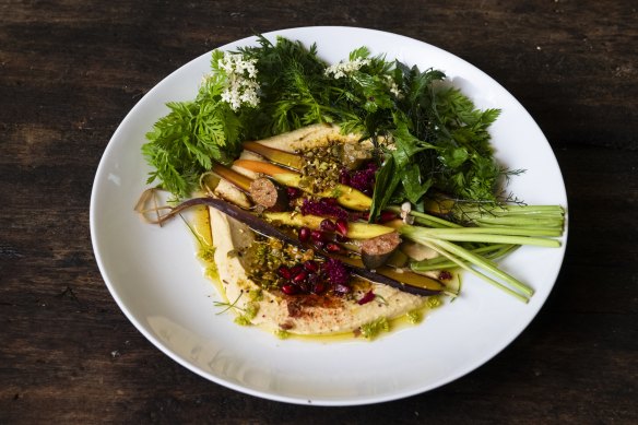 Dutch heirloom carrots, carrot hummus, pomegranate, parsley, date molasses, native dukkah and fingerlime.