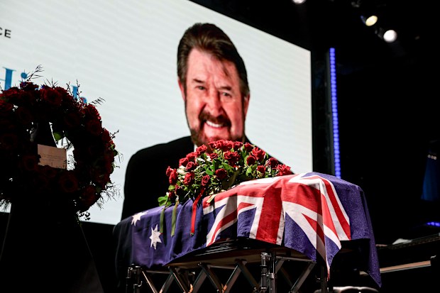 The casket containing veteran broadcaster Derryn Hinch at his state funeral in Melbourne.