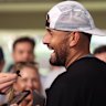 Nick Kyrgios laughing with reporters at the Kooyong Classic as he prepares for the Australian Open.
