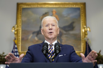 President Joe Biden announces a ban on Russian oil imports.