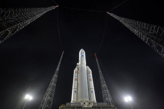 Arianespace’s Ariane 5 rocket with NASA’s James Webb Space Telescope onboard, is seen at the launch pad, Thursday, December 23, 2021, at Europe’s Spaceport, the Guyana Space Centre in Kourou, French Guyana.