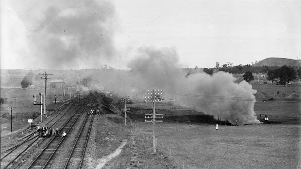 "[The fire] is now a definite menace to the safety of the main northern railway line." The scene at Greta Mine on April 26, 1932