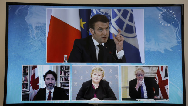 French President Emmanuel Macron, top, Canadian PM Justin Trudeau, left, Norwegian PM Erna Solberg, centre, and Britain's Prime Minister Boris Johnson attend the One Planet Summit on January 11.