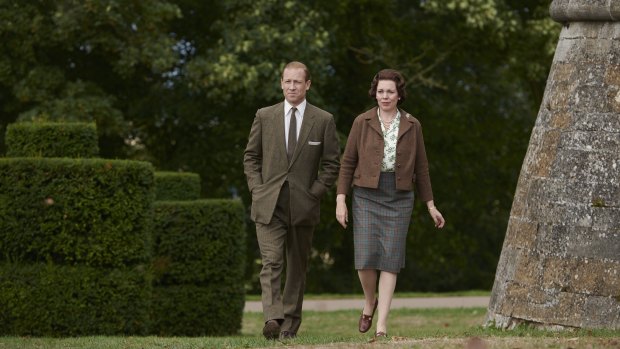 Tobias Menzies and Olivia Colman in a scene from The Crown filmed on the Cannonade Lawn at Belvoir Castle.