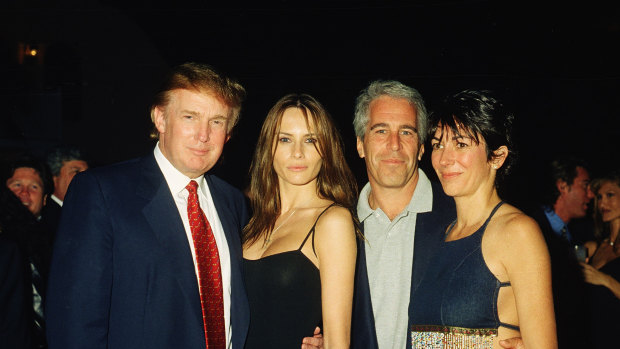 Donald Trump and his then-girlfriend Melania Knauss with Jeffrey Epstein and British socialite Ghislaine Maxwell at Mar-a-Lago in February 2000.