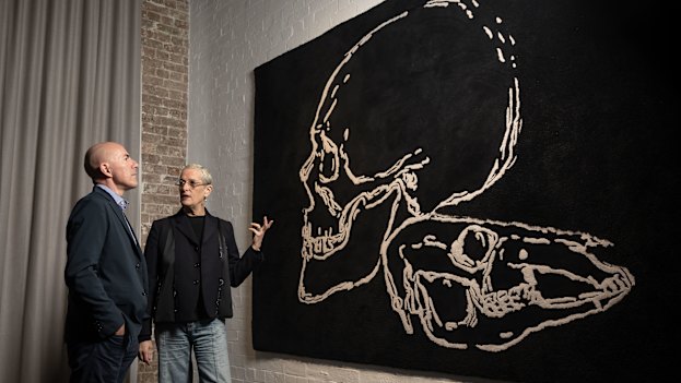 Art adviser Mark Hughes and art collector Sue Cato discuss an artwork by Shaun Gladwell.