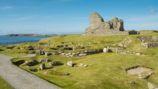 Jarlshof Prehistoric and Norse Settlement at archaeological site located at Sumburgh Head on the southern tip of Mainland, Shetland.