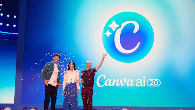 Canva founders Cliff Obrecht, Melanie Perkins and Cameron Adams on-stage in LA, announcing AI features.