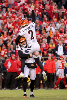 Evan McPherson celebrates his game-winning field goal.