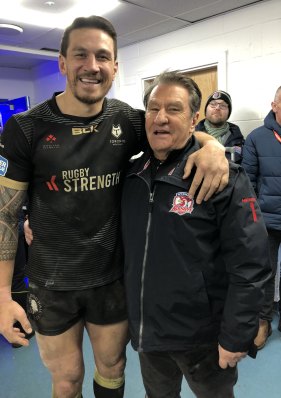 Sonny Bill Williams and Roosters boss Nick Politis reunite after the Wolfpack's loss to Warrington earlier this year.