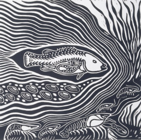 Badger Bates' Parntuu (codfish) 1993   
linocut.