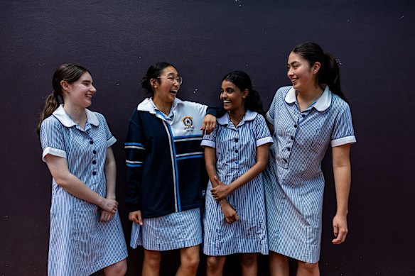 It’s over: Rebecca Price, Rhiannon Trang, Tamika Rodrigo and Sarah Johnston relax after their final year 12 HSC exam at Mercy College in Chatswood.